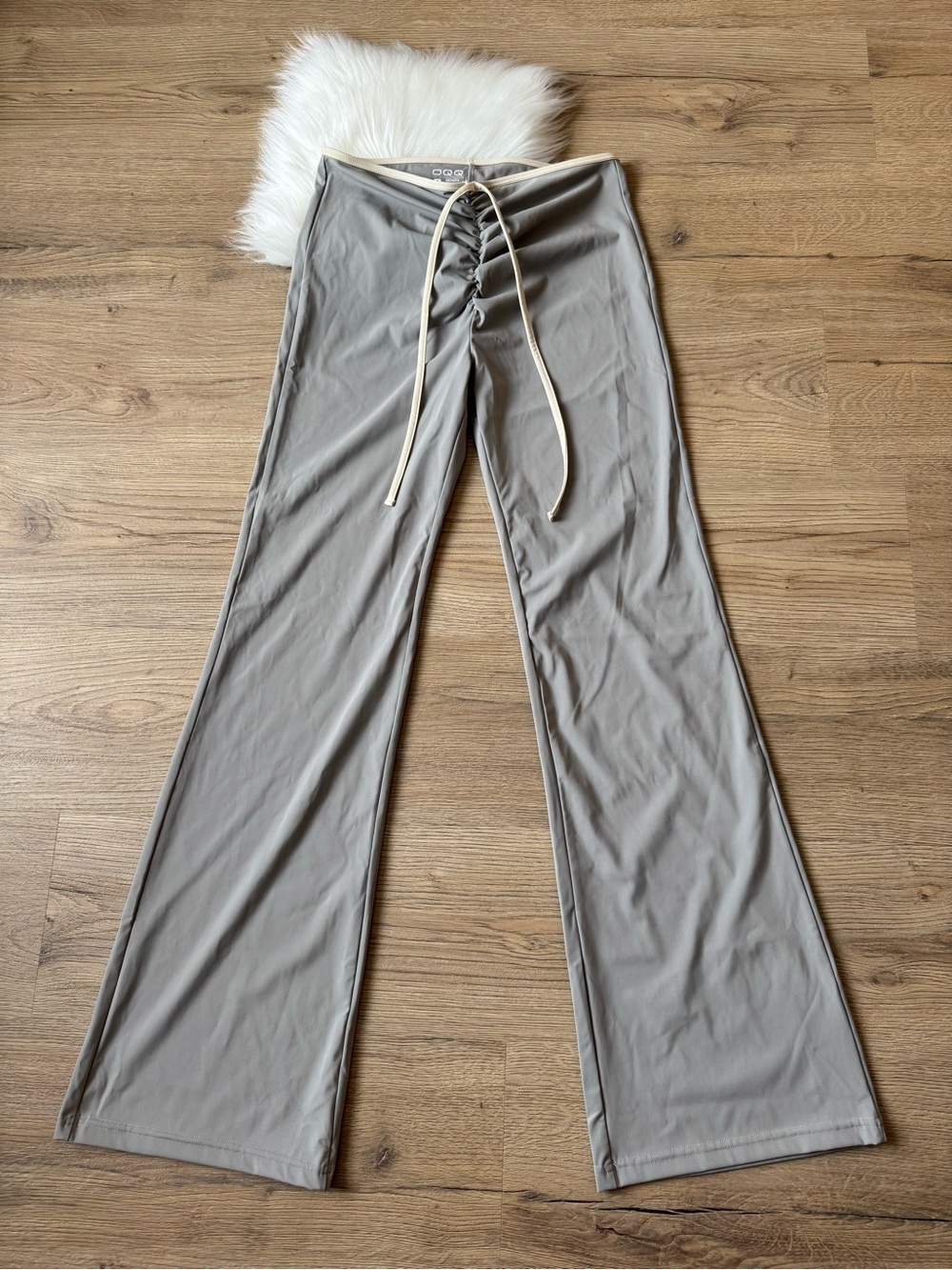 Light Gray Drawstring Ruched Waist Wide Leg Pants